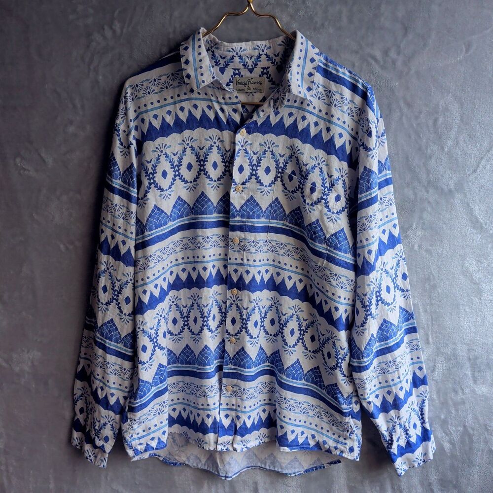 KENNY FLOWERS Blue & White Button Up Shirt Size XL The Espana Linen Beach Resort